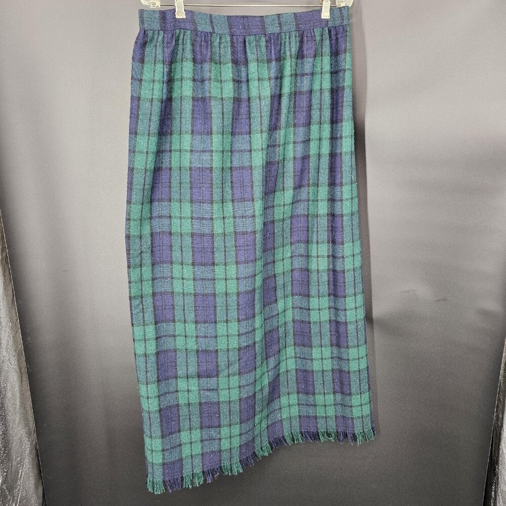 Vintage Parsons Place Wrap Skirt 16 Green Plaid Long Maxi Fringe Button A-Line - Picture 4 of 8